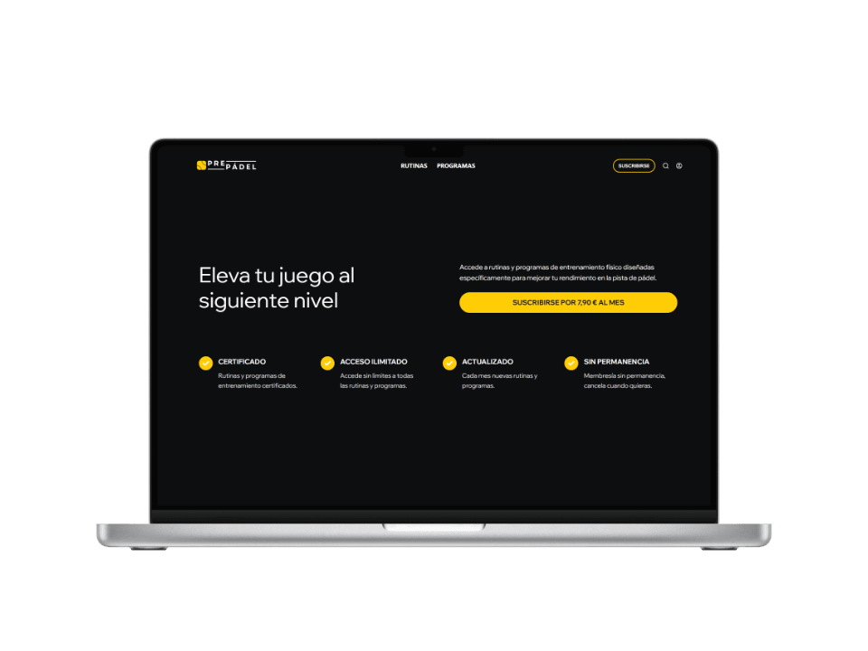 Landing page de suscripción para plataforma de entrenamiento físico de pádel. Diseño web moderno y funcional desarrollado en Monterrey.