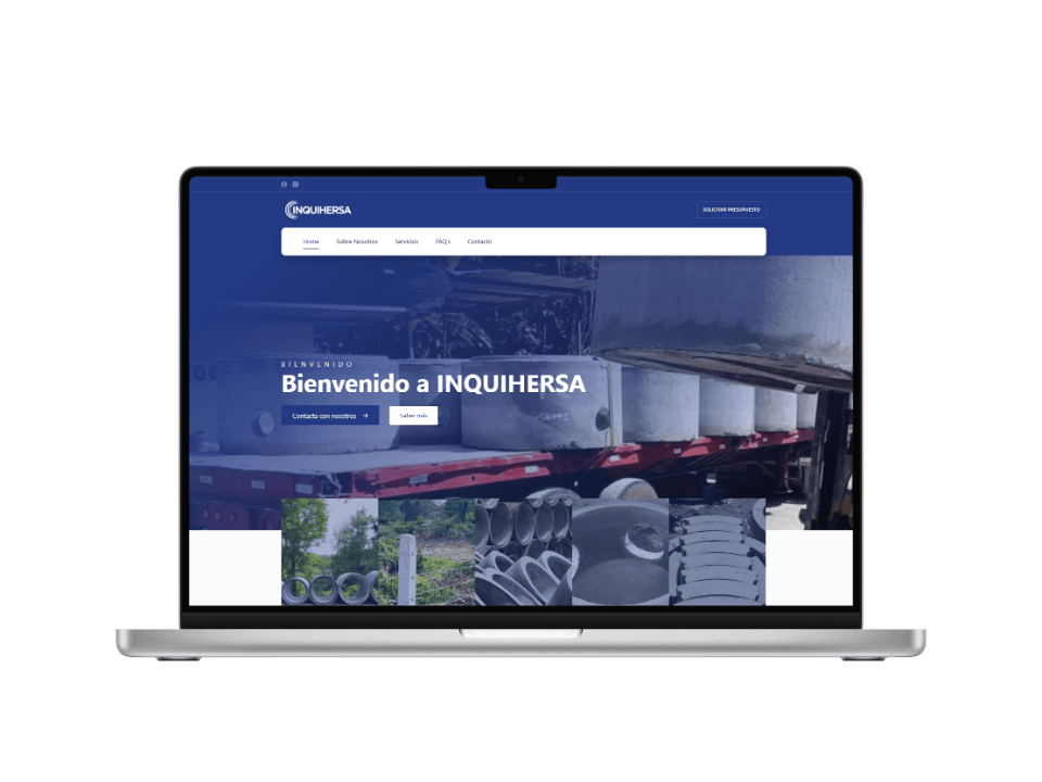 Sitio web diseñado para INQUIHERSA, empresa de prefabricados de concreto. Ejemplo de diseño web industrial profesional, adaptable y optimizado para constructoras.