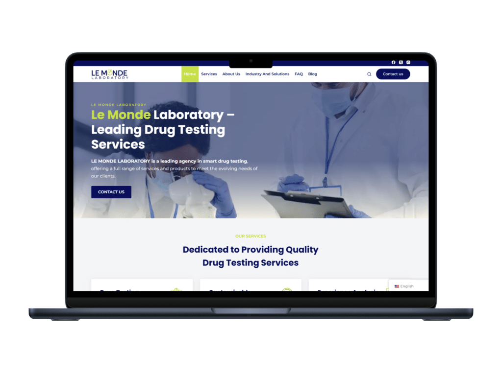 Sitio web para laboratorio Le Monde Laboratory, especializado en pruebas de drogas. Diseño médico profesional, moderno y responsivo.