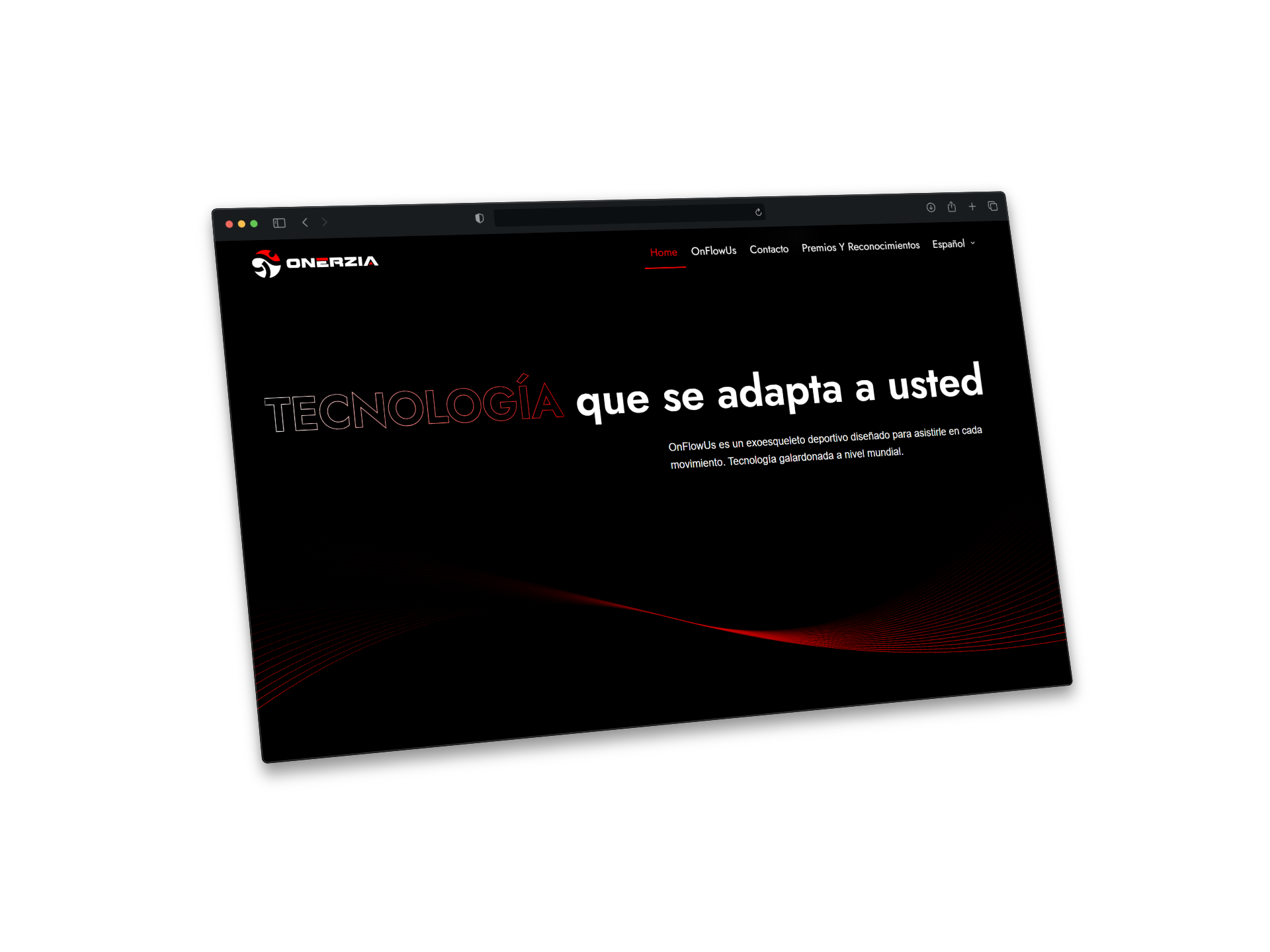 Frase “Tecnología que se adapta a usted” en el sitio de Onerzia, destacando su exoesqueleto deportivo OnFlowUs diseñado para mejorar el movimiento y el rendimiento.