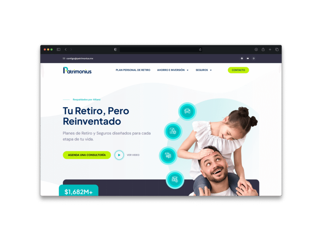 Rediseño de sitio web para Patrimonius, empresa de seguros y retiro. Proyecto realizado con Elementor Pro, animaciones avanzadas y optimización SEO.