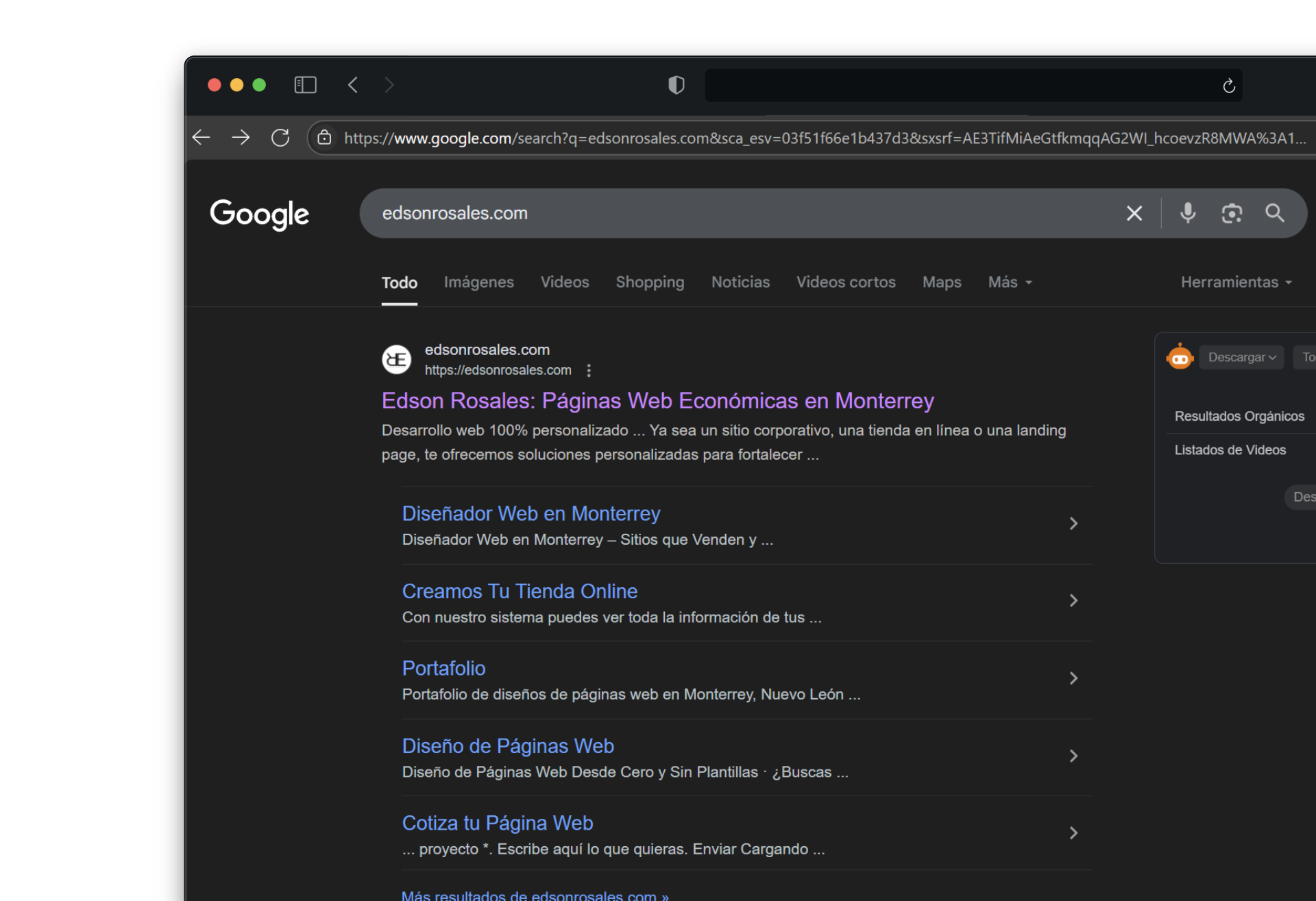 Ejemplo de posicionamiento web con edsonrosales.com en primer lugar en Google
