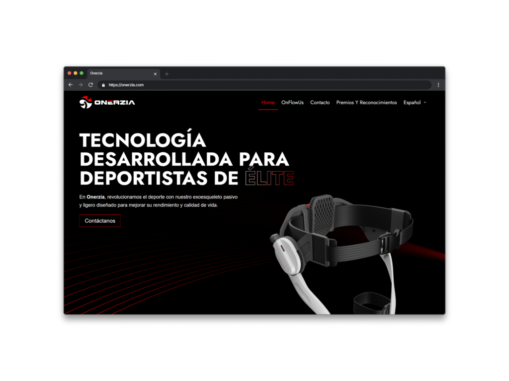 Sitio web premium diseñado para Onerzia, marca de exoesqueletos deportivos. Desarrollado con Elementor Pro, diseño enfocado en innovación y alto rendimiento.