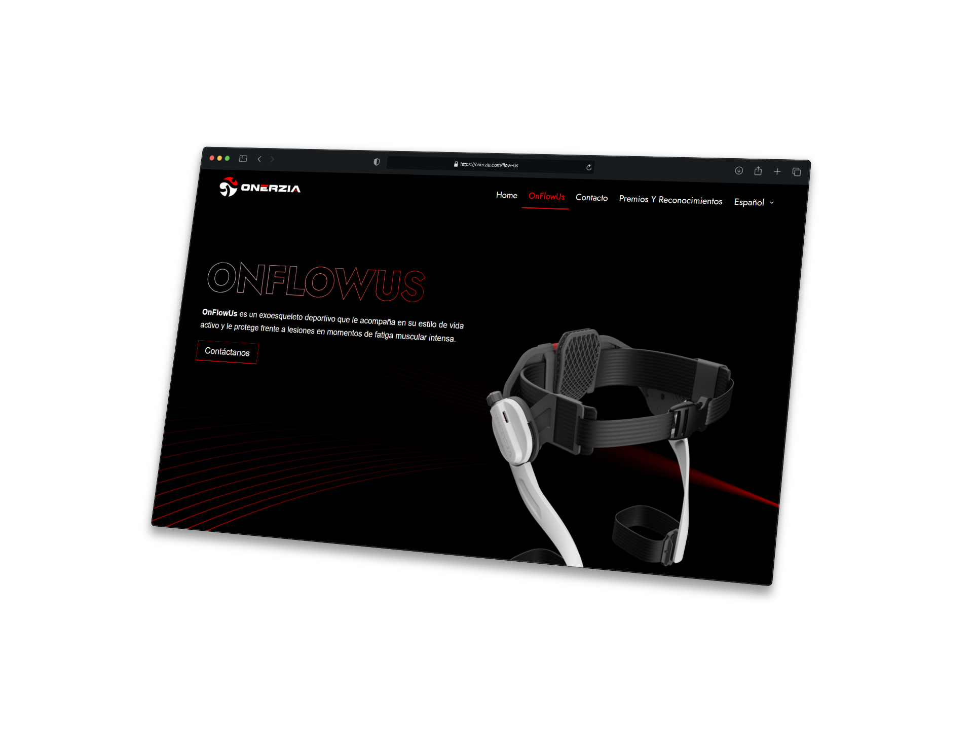 Dispositivo ergonómico de Onerzia mostrado en sitio web premium, enfocado en mejorar el rendimiento deportivo con tecnología innovadora.