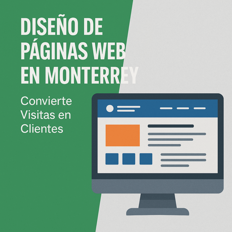 Ilustración de diseño de páginas web en Monterrey con texto promocional que dice 'Convierte visitas en clientes' y una computadora mostrando una página web moderna
