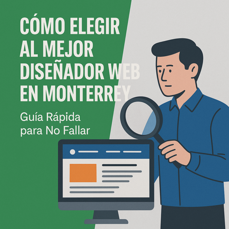 Ilustración de hombre con lupa revisando un sitio web en computadora, acompañada del texto 'Cómo elegir al mejor diseñador web en Monterrey. Guía rápida para no fallar